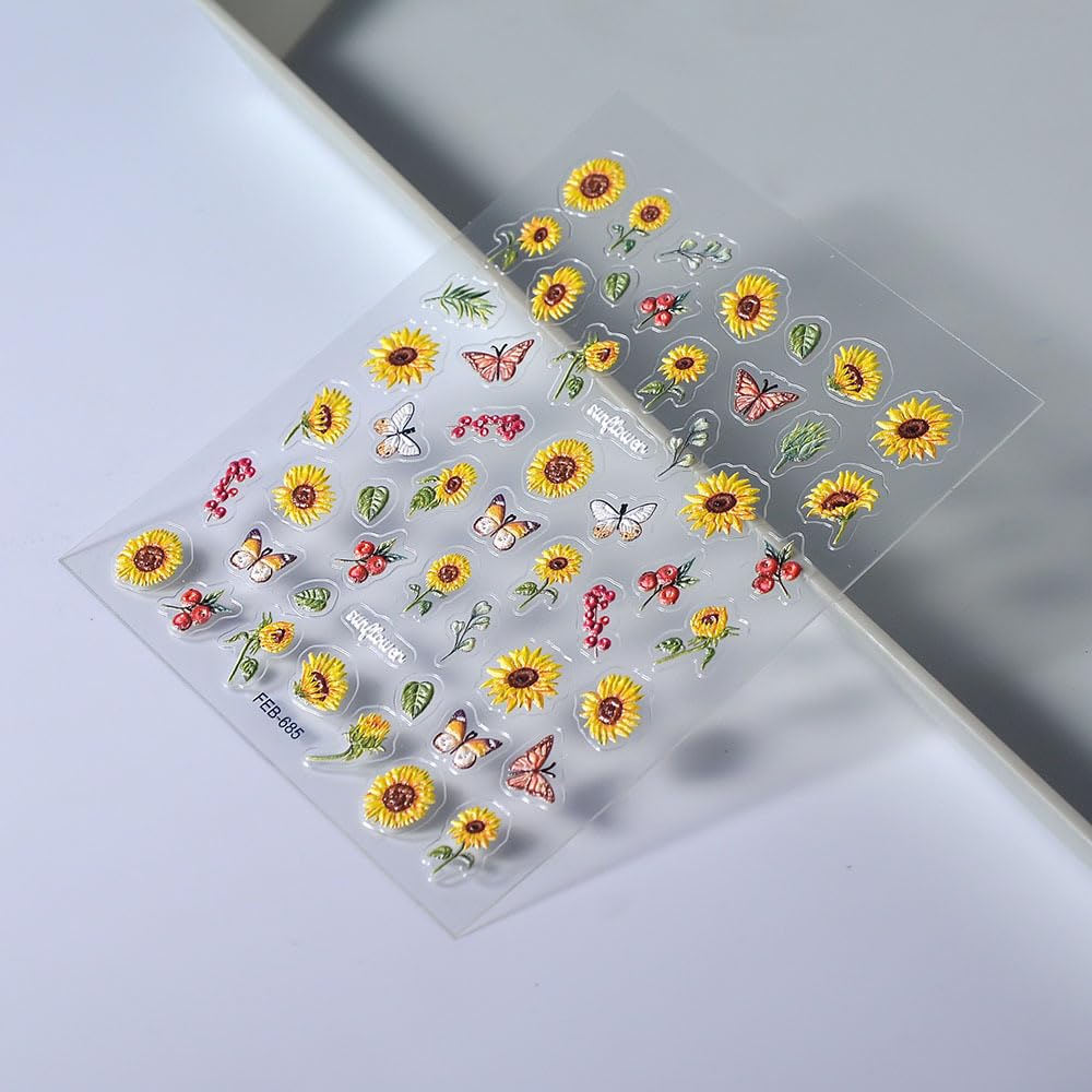Sunflower Nail Art Stickers 5D Embossed Butterfly Nail Stickers Self-Adhesive Plant Sunflower Nail Decals for Women Girls Summer Fall Manicure DIY Nail Supplies