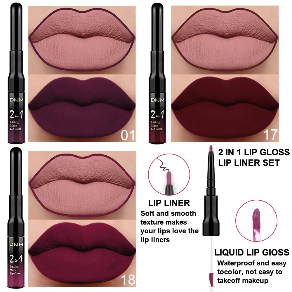 evpct 3Pcs Dark Deep Red Purple Plum Black Cherry Lip Tint Stain peel off 24 hr Matte Lip Liner and Lipstick Set for Women Waterproof Long Lasting labiales matte mate larga duracion listip 24 hours
