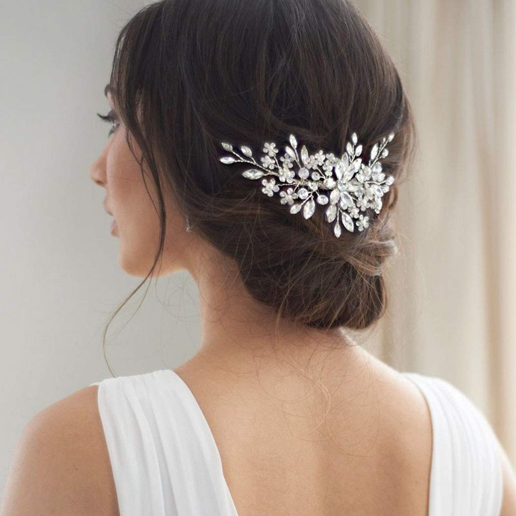 Catery Crystal Bridal Hair Combs Rhinestones Hairpieces Flower Wedding Clips Accessories for Brides and Women Pack of 1(Silver)