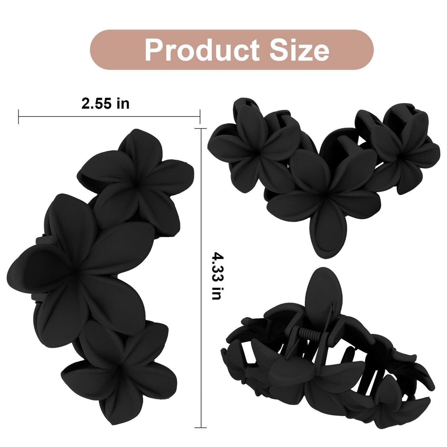 4PCS Matte Flower Hair Clips - Non-Slip Large Plumeria Clips for Thick Hair, Strong Hold for Women and Girls (Black)