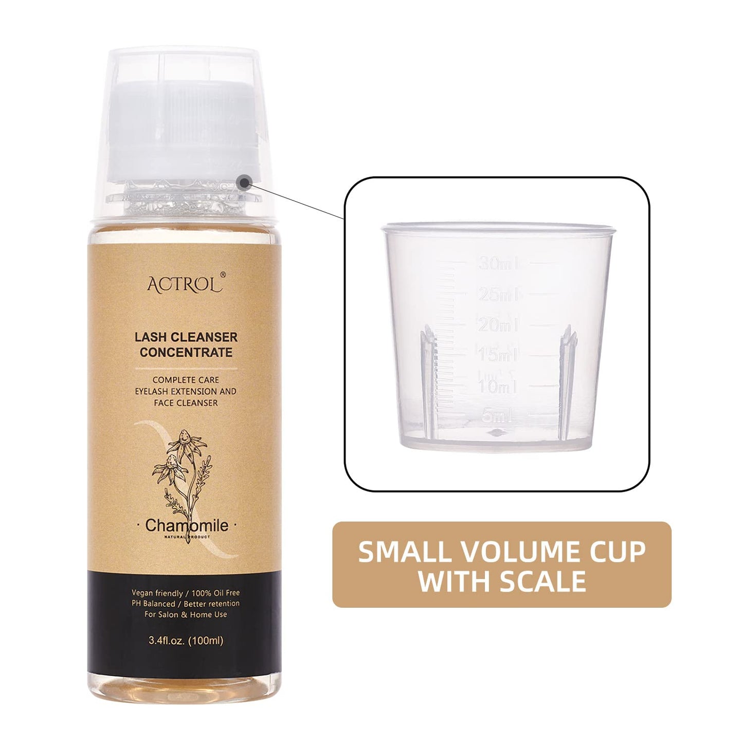 ACTROL Eyelash Cleanser Concentrate 100ml Chamomile Professional Lash Shampoo Foaming Cleanser Paraben & Sulfate Free Non-lrritating Wash for Extensions Lashes with Salon Home Care-Makes 20 Bottles