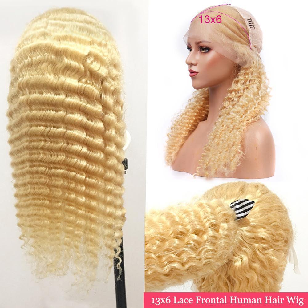 613 Human Hair Wig Deep Wave 13x6 HD Transparent Lace Frontal Wigs for Women Deep Parting Pre Plucked 613 Blonde Wig with Baby Hair 150% Density 20 Inch Curly Glueless Brazilian Virgin Hair