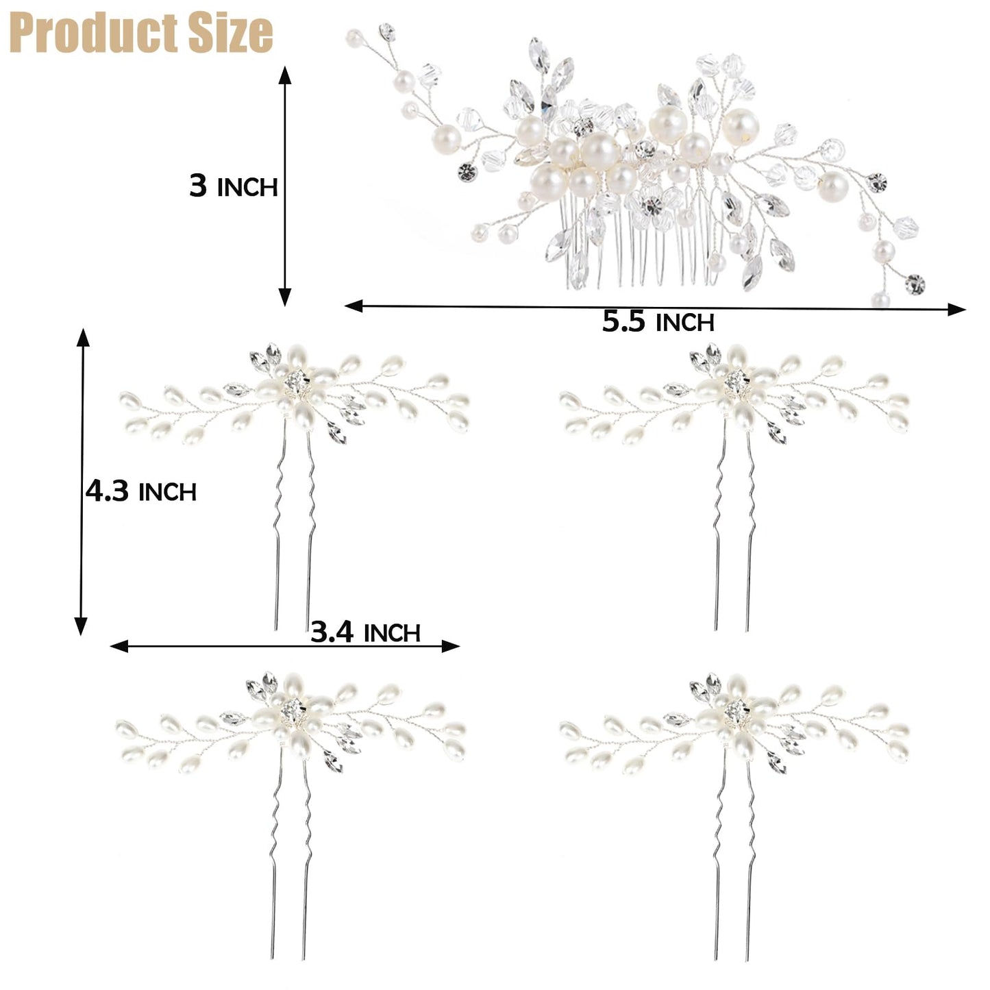 5 Pieces Wedding Hair Accessories: Pearl Crystal Rhinestone Hair Comb, Hair Pins for Brides, Bridesmaids, Women, Girls (Silver, Gold)