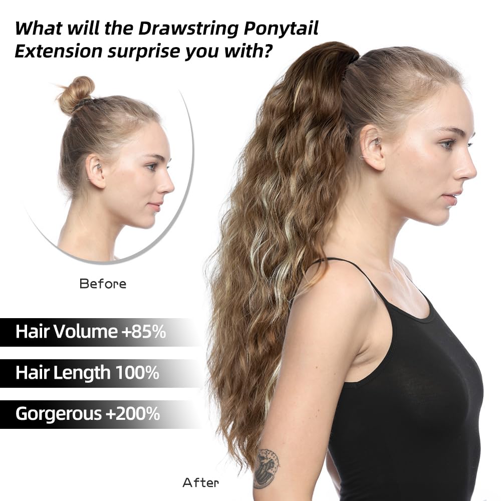 26 inch Drawstring Ponytail Extension for Women, Wavy Pony Tails Hair Extensions, Synthetic Hair Extensions Ponytail for Daily Use (Medium Brown Highlighted Blonde)