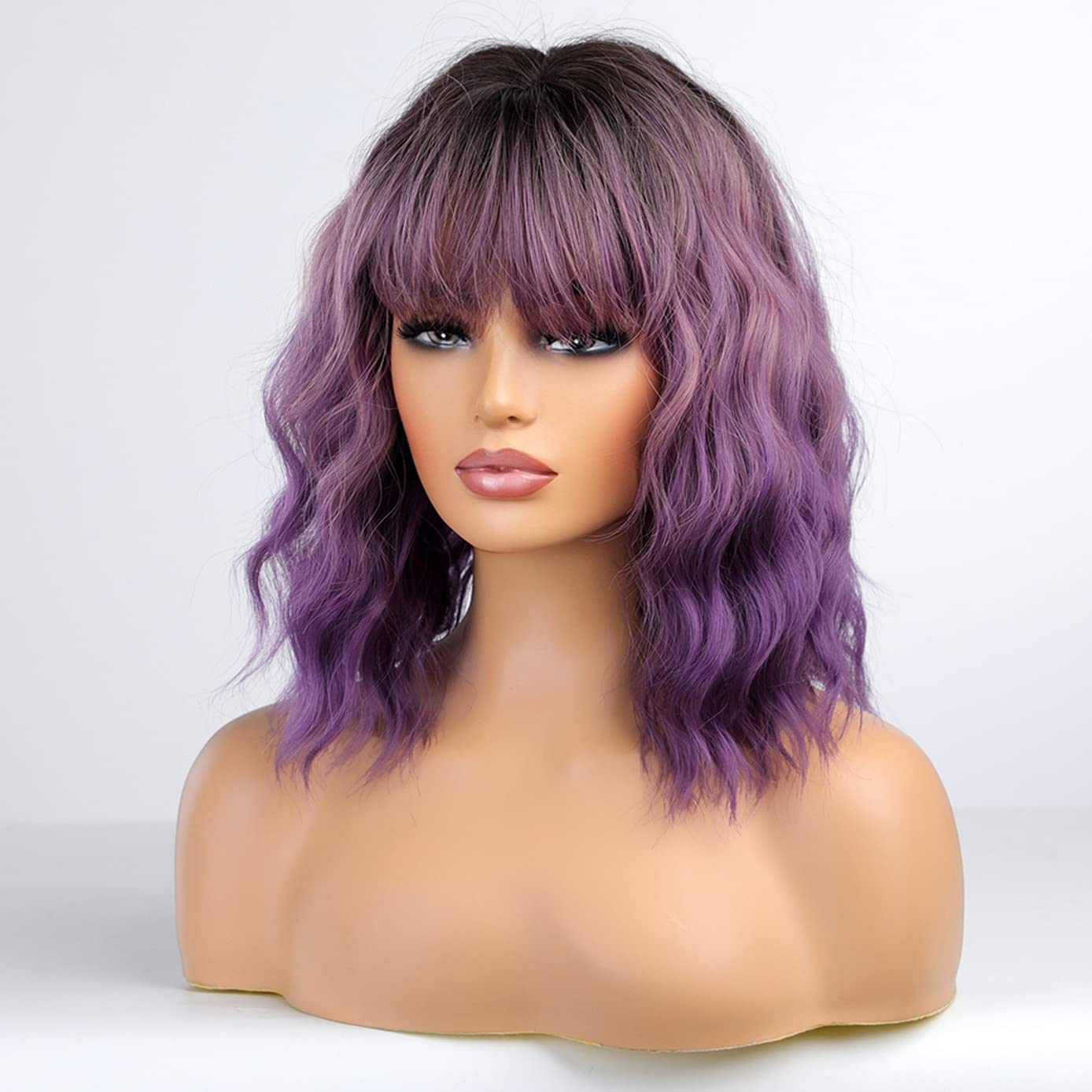 BERON Ombre Purple Short Wigs Curly Bob Wig with Bangs Ombre Color Wavy Hair Wigs Women's Synthetic Wigs Daily Party Use