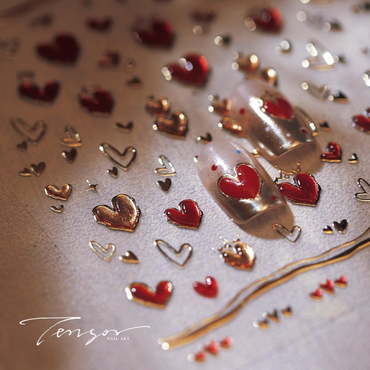 5D Embossed Spring Heart Nail Stickers - Red and Gold Self-Adhesive Love Decals for Valentine's Day - DIY Manicure Nail Art Supplies for Women and Girls