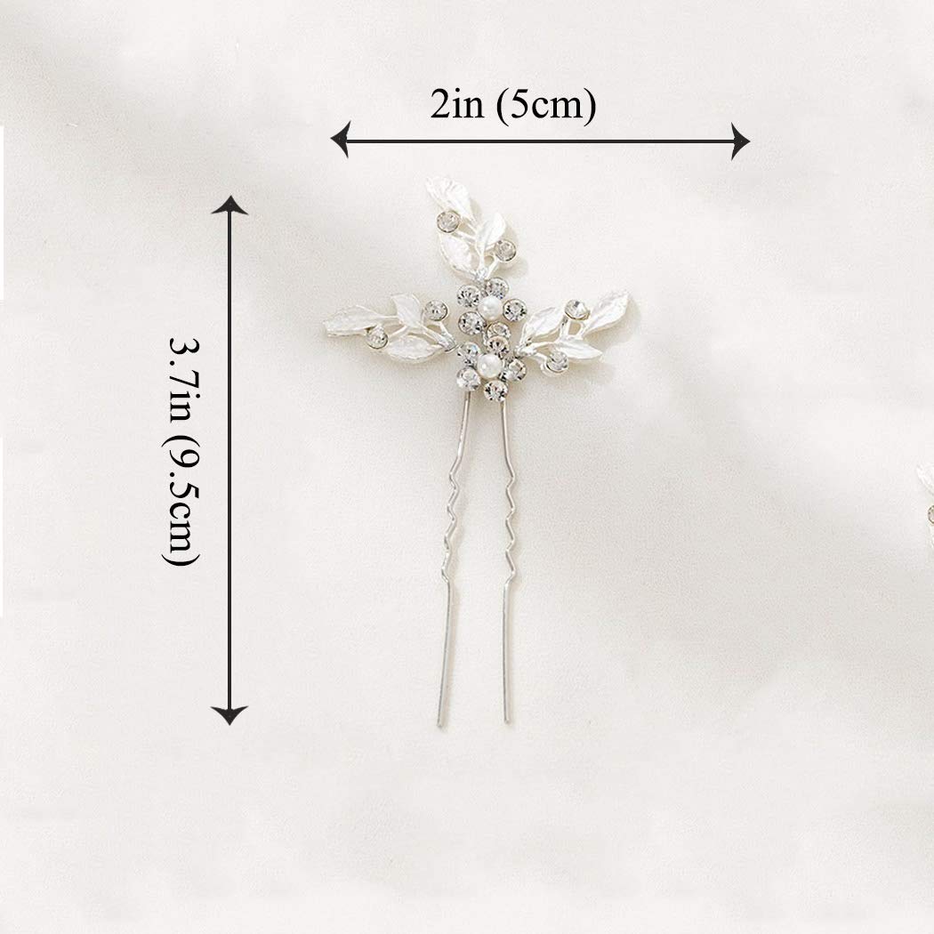 Heread Leaf Bride Wedding Hair Pins Crystal Bridal Head Dress Pearl Hair Accessories for Women and Girls (Pack of 3) (B Silver)