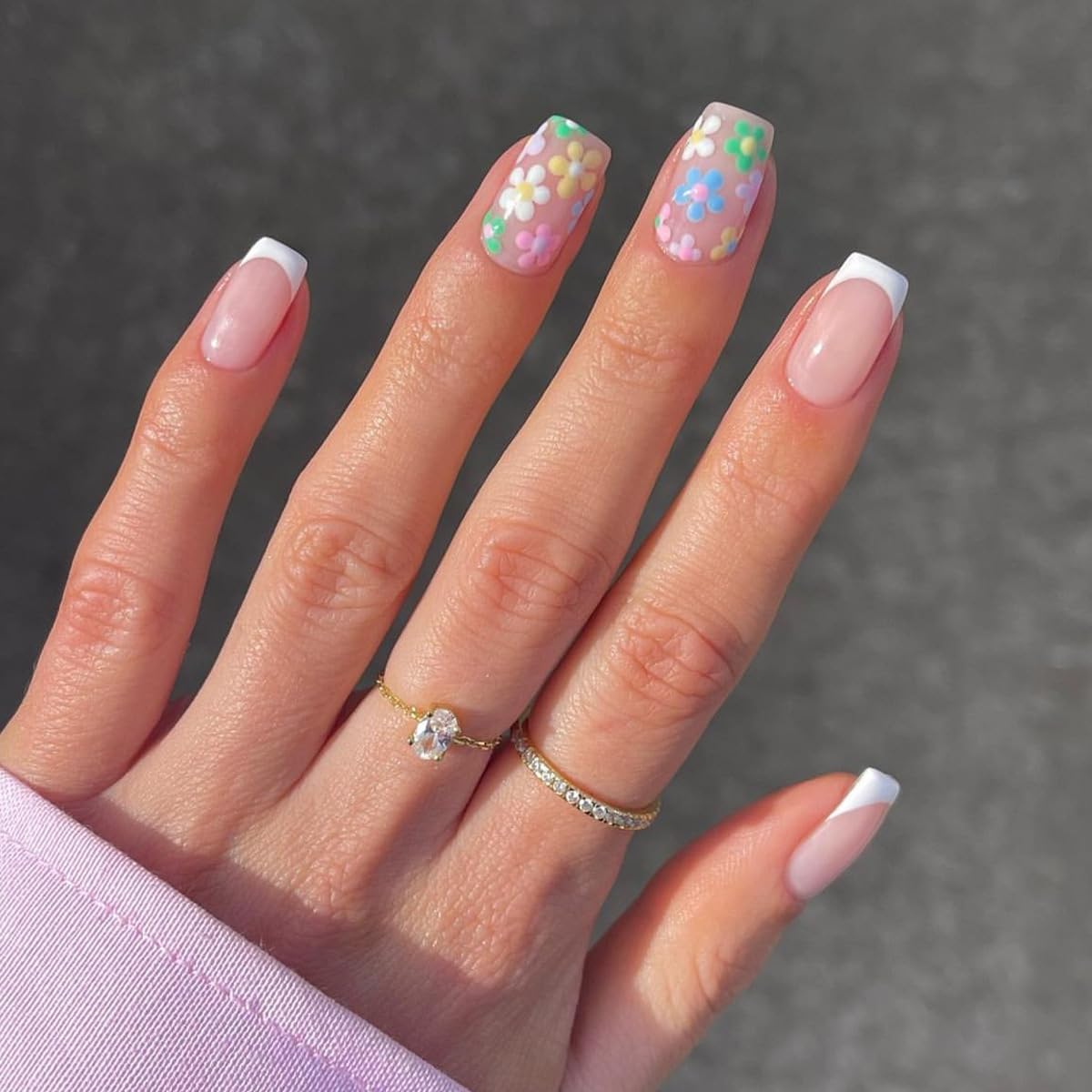 9 Packs (216 Pcs) Press on Nails, Jsiallye Short French Tip Press on Nails, Press on Nails Almond Square with Flower, Glue on Nails for Girl Nail Art, 12 Size of Fake Nails - 9 Styles Nail Kits