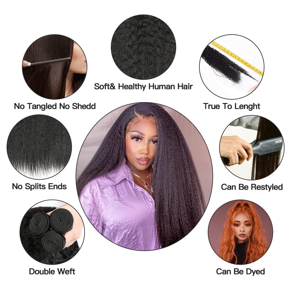 20 22 24 Kinky Straight Human Hair Bundles Yaki Straight Human Hair Extensions 100% Unprocessed Brazilian Virgin Remy Hair Kinky Straight Human Hair For Black Women Natural Black