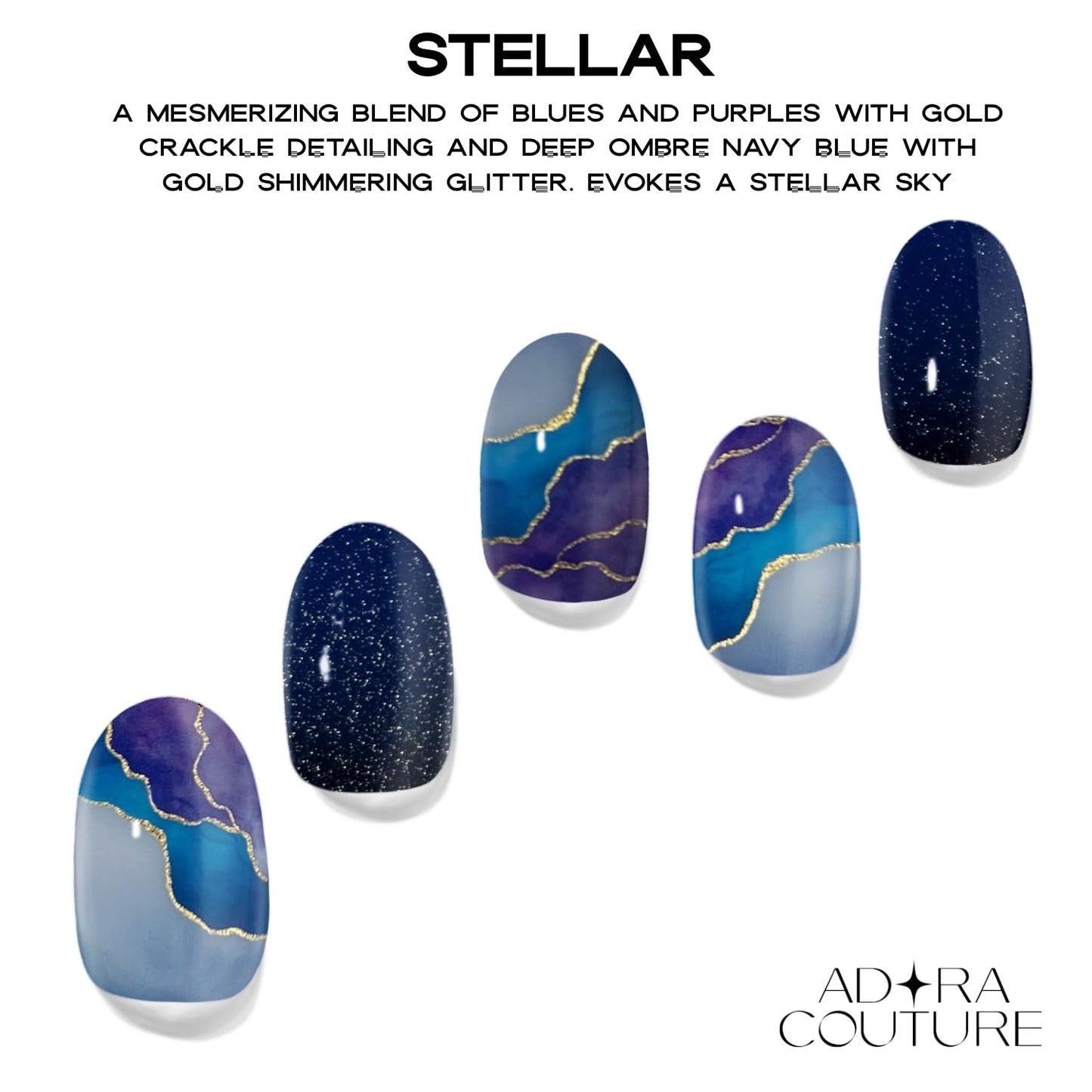 Adora Couture Semi Cured Gel Nail Strips with 30 Pieces, Salon Quality Nail Wraps for Women, Glossy Blue Purple Pattern with Glitter UV Gel Nail Stickers, UV Light Required, Stellar