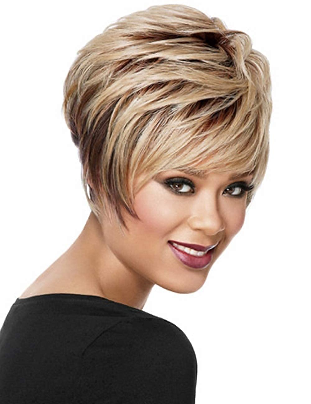 RENERSHOW Short Wigs for White Women Layered Brown Ombre Blonde Pixie Wig Synthetic Short Hair Wig with Bangs Mix Color Natural Looking Daily Party