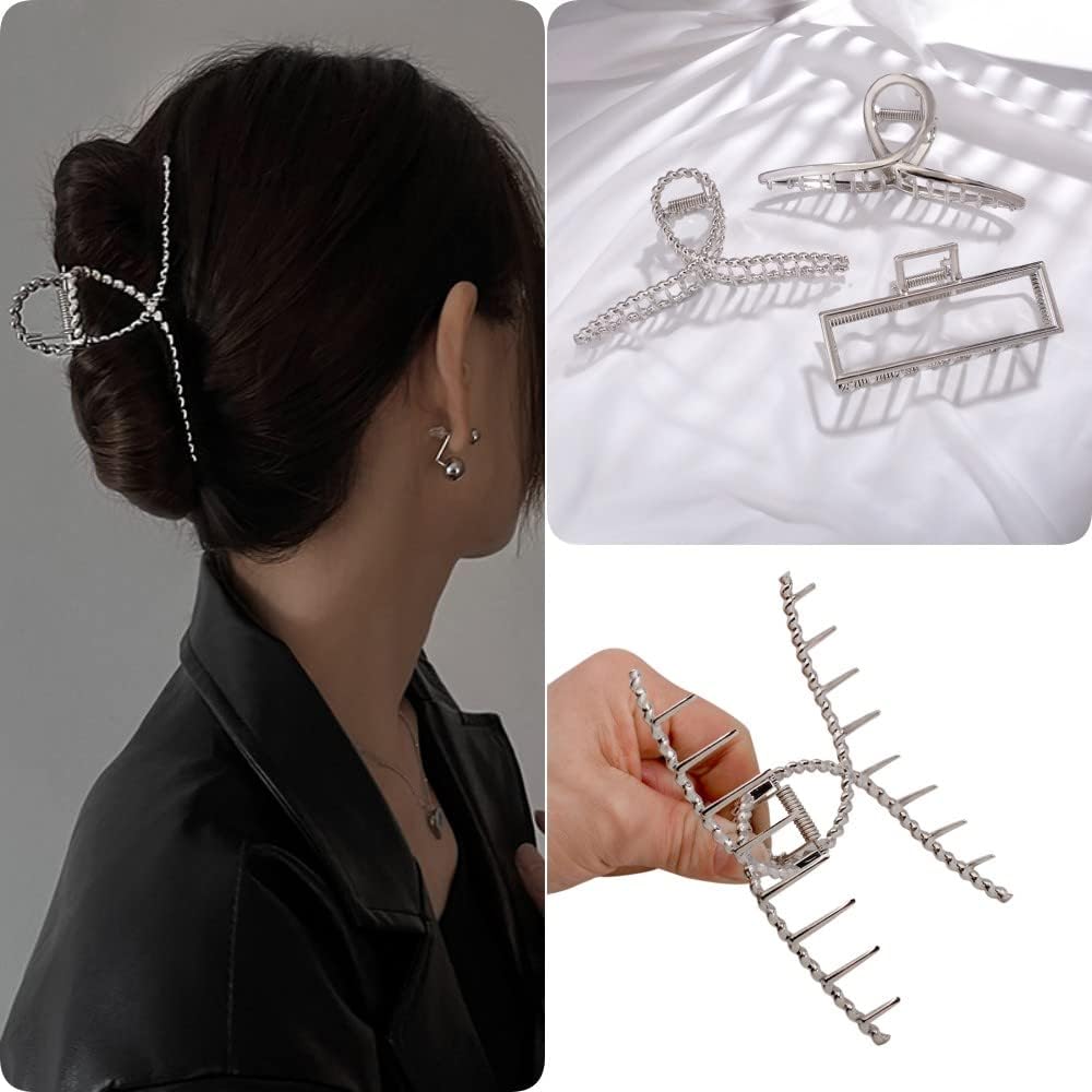 3pcs Hair Claw clips for Women, Metal Silver Large Hair clips for Thick Thin Hair, Geometric Cross Square Jumbo Catch Barrette Clamps, Fashion Hair Accessories Nonslip Hairgrip