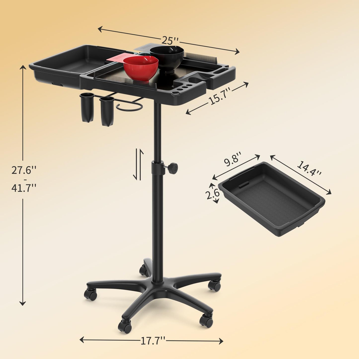 ABTSalon Magnetic Salon Tray on Wheels with All-Metal Frame Rolling Hairstylist Tray with Drawers Hair Stylist Tray with 2 Magnetic Mixing Bowls Salon Stations for Hair Stylist Tray