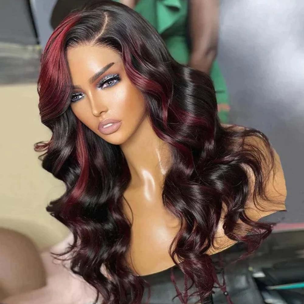 1B/99J Ombre Burgundy Skunk Stripe Wig Lace Front Human Hair 13X6 Black and Red Lace Front Wig Body Wave Red Highlight Wig Human Hair With Baby Hair 150% Density (18inch, 13X6 Ombre Red Highlight)