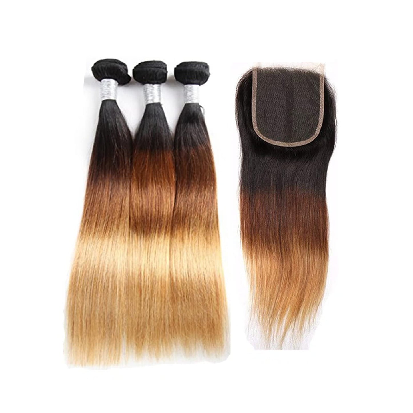 10A Ombre Hair Straight Hair 3 Bundles (121416+10) Human Hair Weaves Extensions 100% Virgin human hair straight bundles with 4X4 Lace Closure