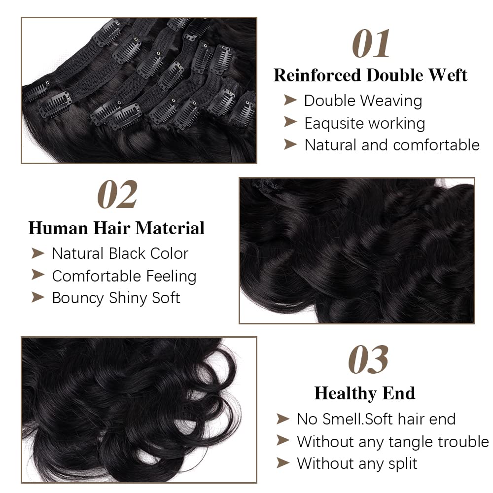 Body Wave Clip In Hair Extensions For Black Women 8Pcs Clip In Human Hair Extensions With 18 Clips Double Weft Natural Color 120g(22inch, Natural Black Body)