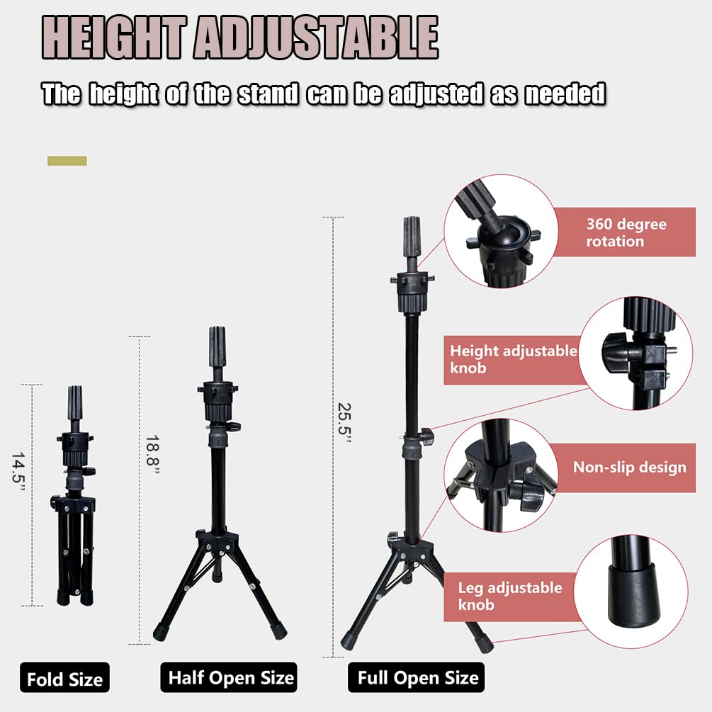 22 Inch Wig Head (White), Wig Stand Tripod with Heads, Canvas Block Head Mannequin Head Stand Wigs Display Styling Head With Mount Hole, Manikin Canvas Head Block Set for Wigs Making Display with Wig Caps, T Pins C Pins Set Bristle Brush
