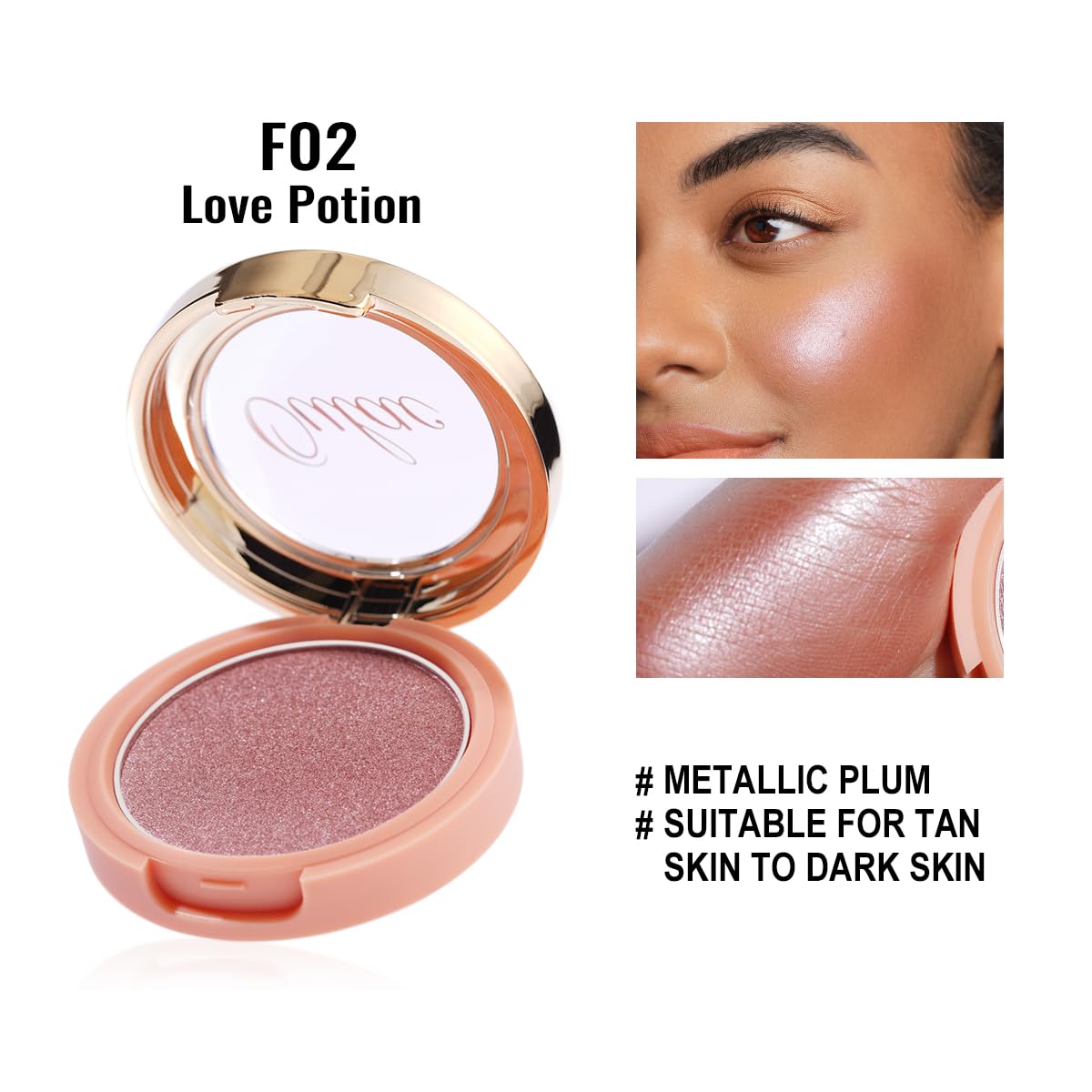 Oulac Shimmer Blush Makeup Plum| 2 in 1 Powdery Blush & Highlighter| Pigmented&Blendable | Shape & Highlight Face| Vegan & Cruelty-Free| 4.8g F02 Love Potion