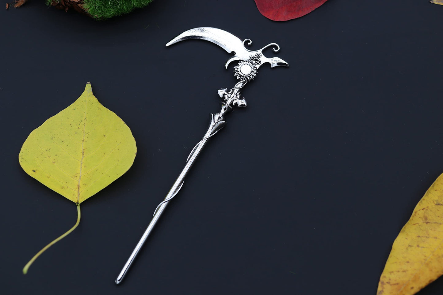 2pcs Sunflower Reaper Scythe Hair Styling Pins Black Wicca Witch Hair Slide Renaissance Festival Hair Acceossories for Women Hair Stick Antique Silver Plated