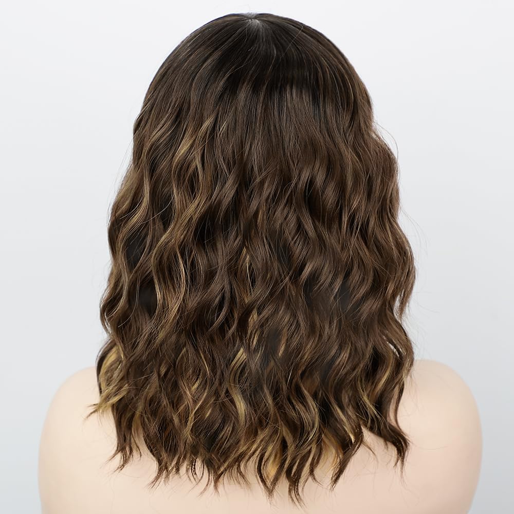 AISI HAIR Synthetic Curly Bob Wig with Bangs Natural Brown with Blonde Highlight Short Wavy Hair for Women Natural Looking Heat Resistant Bob Wigs