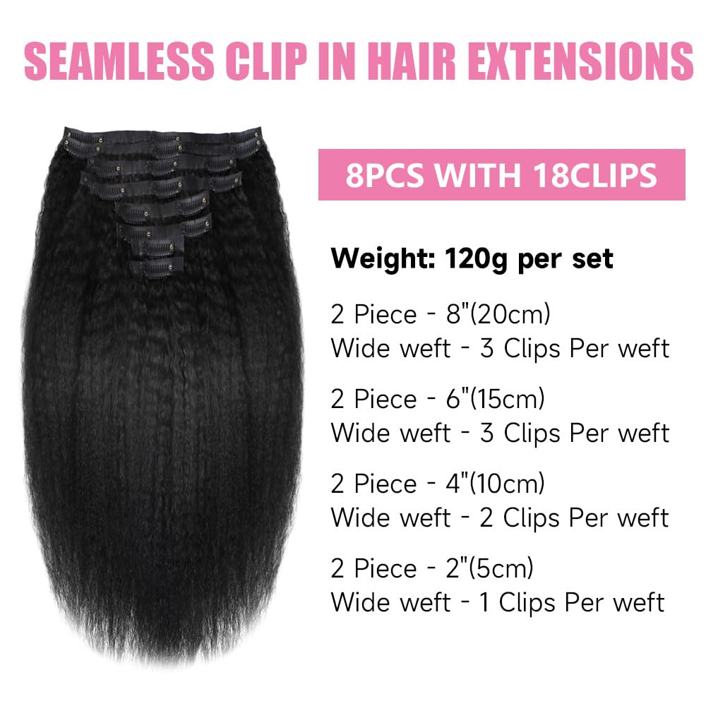 Seamless Clip In Hair Extensions Human Hair Invisible Pu Skin Weft Kinky Straight Seamless Clip Ins For Black Women Real Human Hair Extensions 8pcs With 18clips Per Set 120g (20inch,Natural Black)