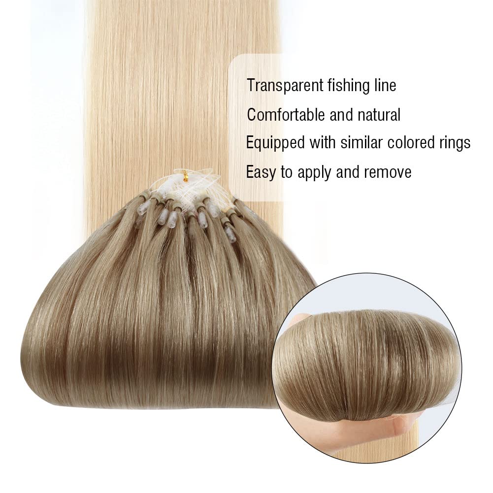 ABH AmazingBeauty Hair Micro Links Hair Extensions Human Hair 24 Inch Ash Brown Ombre Platinum Blonde Hair Extensions Micro Ring Ombre Blonde 50G 50S Micro Loop Hair Extensions Balayage Blonde
