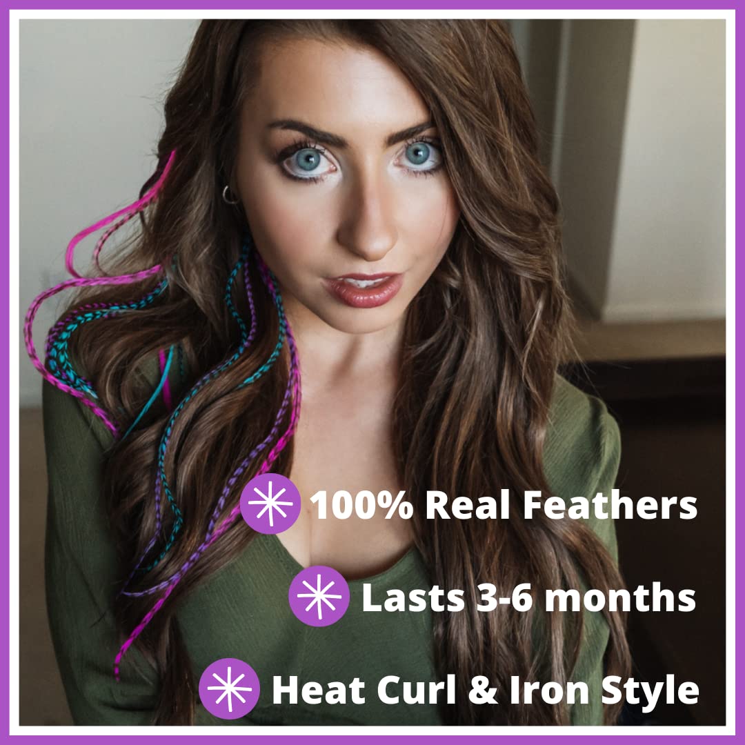 Hair Feathers and Tool Kit, Pink, Purple and Turquoise Feather Extensions with Beads, loop tool and pliers