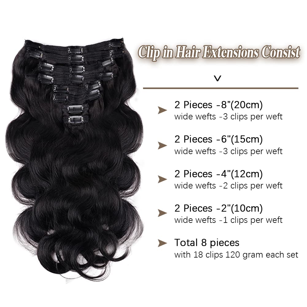 Body Wave Clip In Hair Extensions For Black Women 8Pcs Clip In Human Hair Extensions With 18 Clips Double Weft Natural Color 120g(22inch, Natural Black Body)