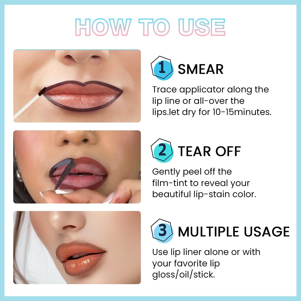 3Pcs Lips Stain Peel Off Set, Lip Liner and Stains Tint Long Lasting for Women, Waterproof Transfer-Proof Longwear Nude Lipstains, Create A Natural Lip Color, SetB
