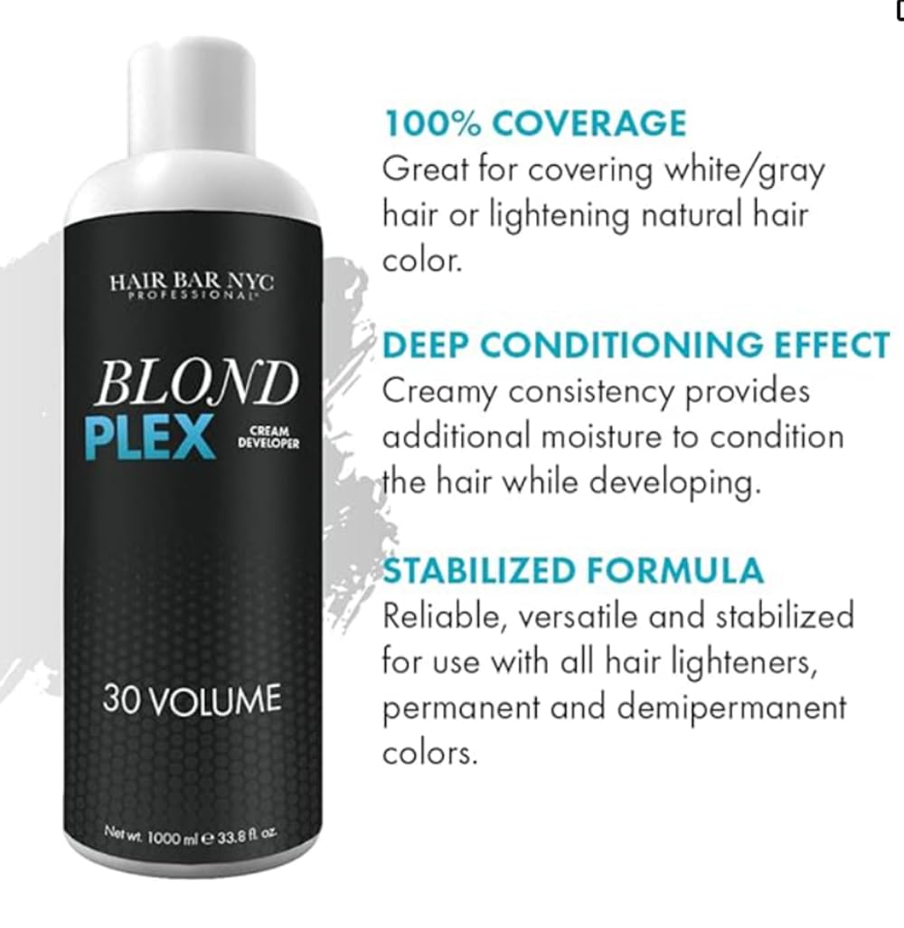 HAIR BAR NYC 30 Volume - Blond Plex Anti-Yellow Porfessional Lightening System for Charcoal Hair Bleach - Violet Peroxide Developer with Plex, Reduce Brassy, Eliminates Orange Tones 33.8oz/1lt