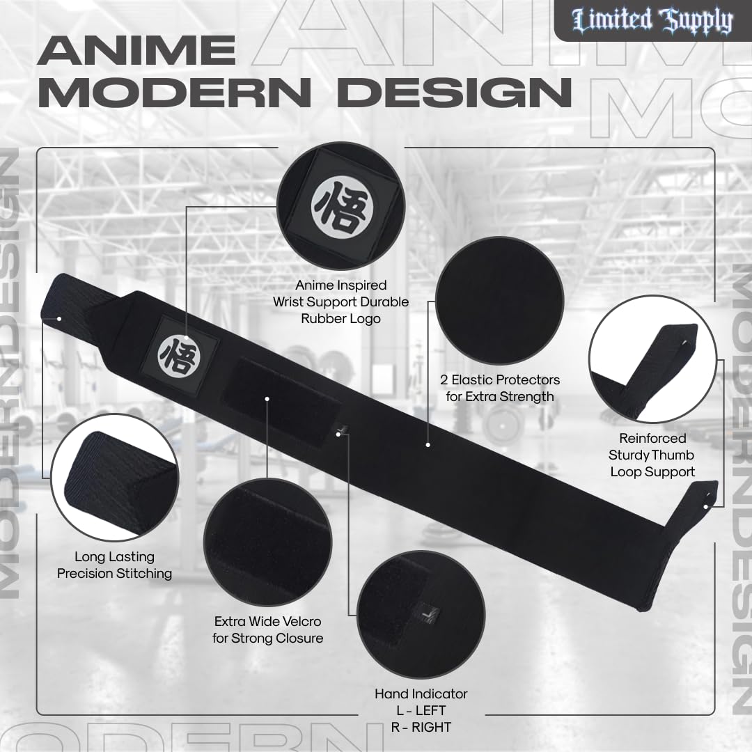 CROWN Anime Wrist Wraps Lifting Straps 24" for Men and Women - 1 Pair Each, Gym Accessories Support Weightlifting, Powerlifting, Strength Training, and Improve Workout, Black Dzb