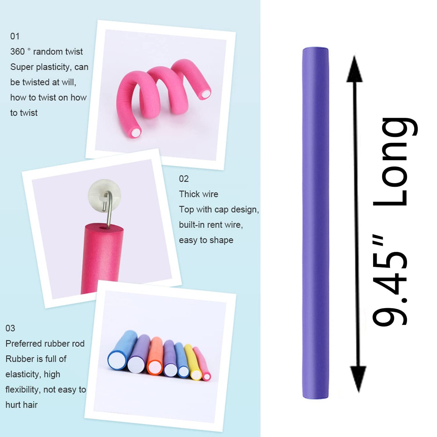 3 in 1 Pack 24 pcs Flexi Soft Hair Curler Rollers Curling Rods with Hair Dryer Bonnet Attachment and 4 Styling Clips (Hair Rollers + Purple Drying Hood)