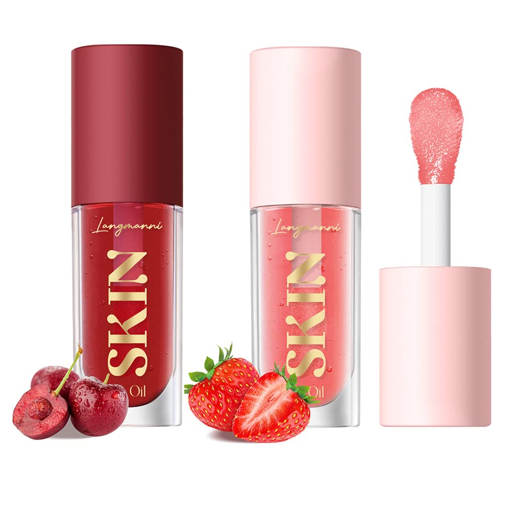 2Pack Big Brush Head Hydrating Lip Glow Oil Plumping Lip Tint, Hydrating Lip Gloss Tinted Lip Balm Transparent Lip Care, Long Lasting Nourishing Non-sticky Fresh Texture (Strawberry + Cherry)