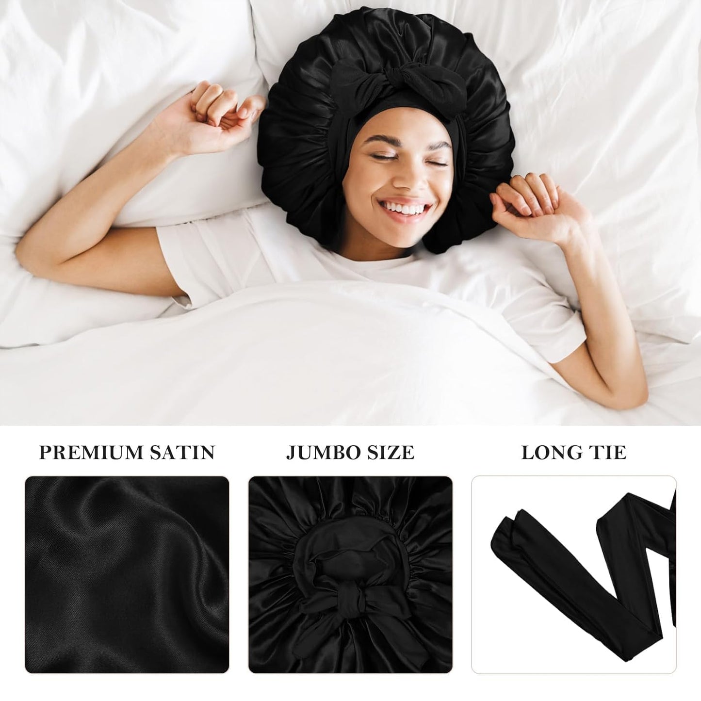 3Pcs Bonnet for Sleeping, Extra Silk Satin Hair Bonnets with Tie Band for Curly Hair Braids shower cap