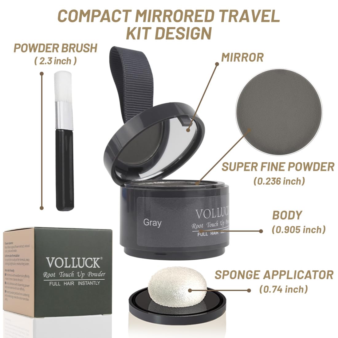 VOLLUCK Root Touch up Powder, Instant Hairline Powder for Thinning Areas and Gray Hair Coverage, Natural and Non-greasy Root Cover up for Women and Men (Gray, 0.14 Ounce)