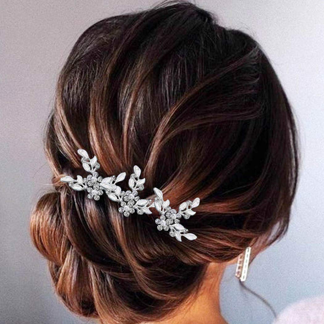 Heread Leaf Bride Wedding Hair Pins Crystal Bridal Head Dress Pearl Hair Accessories for Women and Girls (Pack of 3) (B Silver)