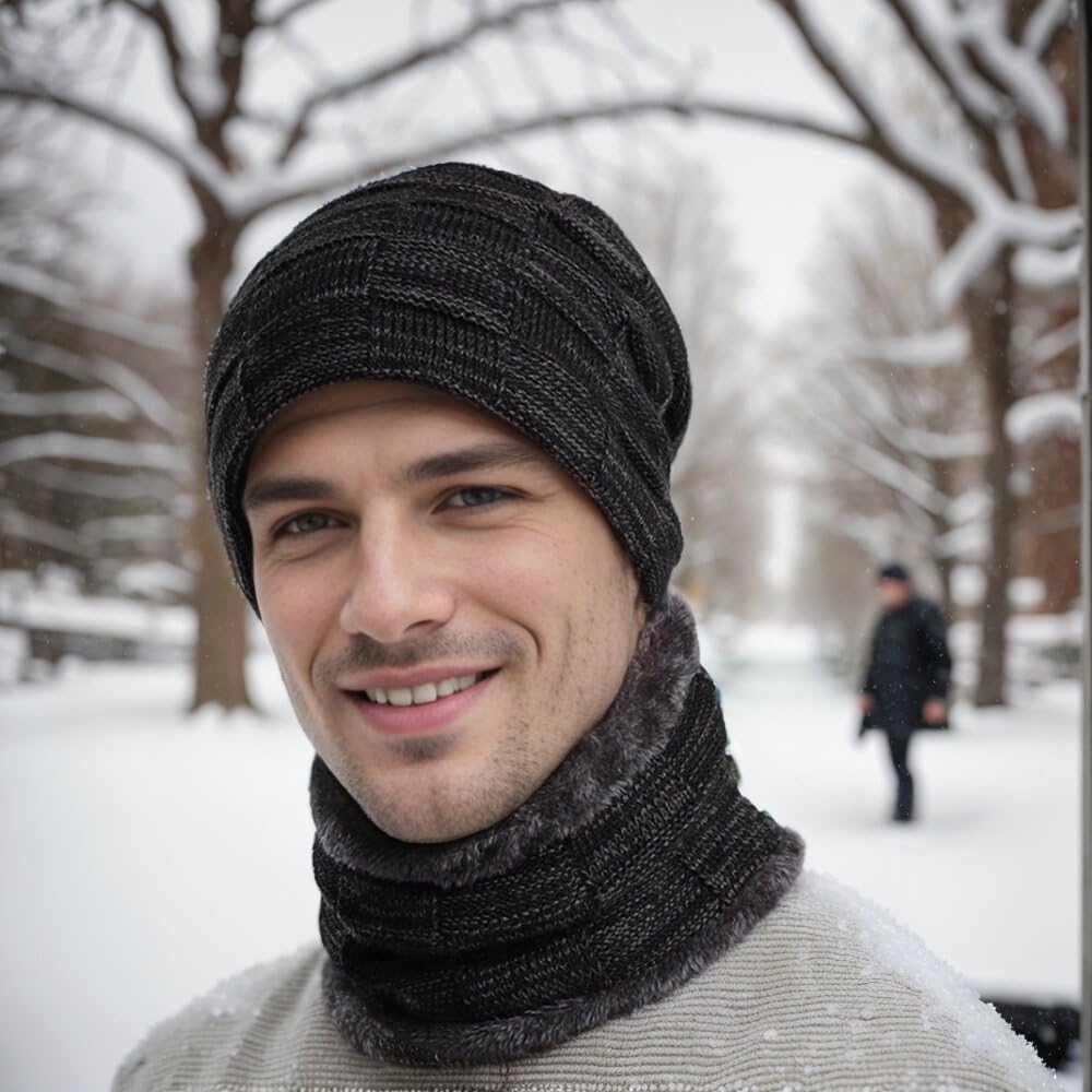 ABUDDER 6 Pieces Winter Beanie Hat Gloves Scarf Set for Men Women,Knit Fleece Lined Winter Hat Touchscreen Gloves Neck Warmer Set for Cold Weather