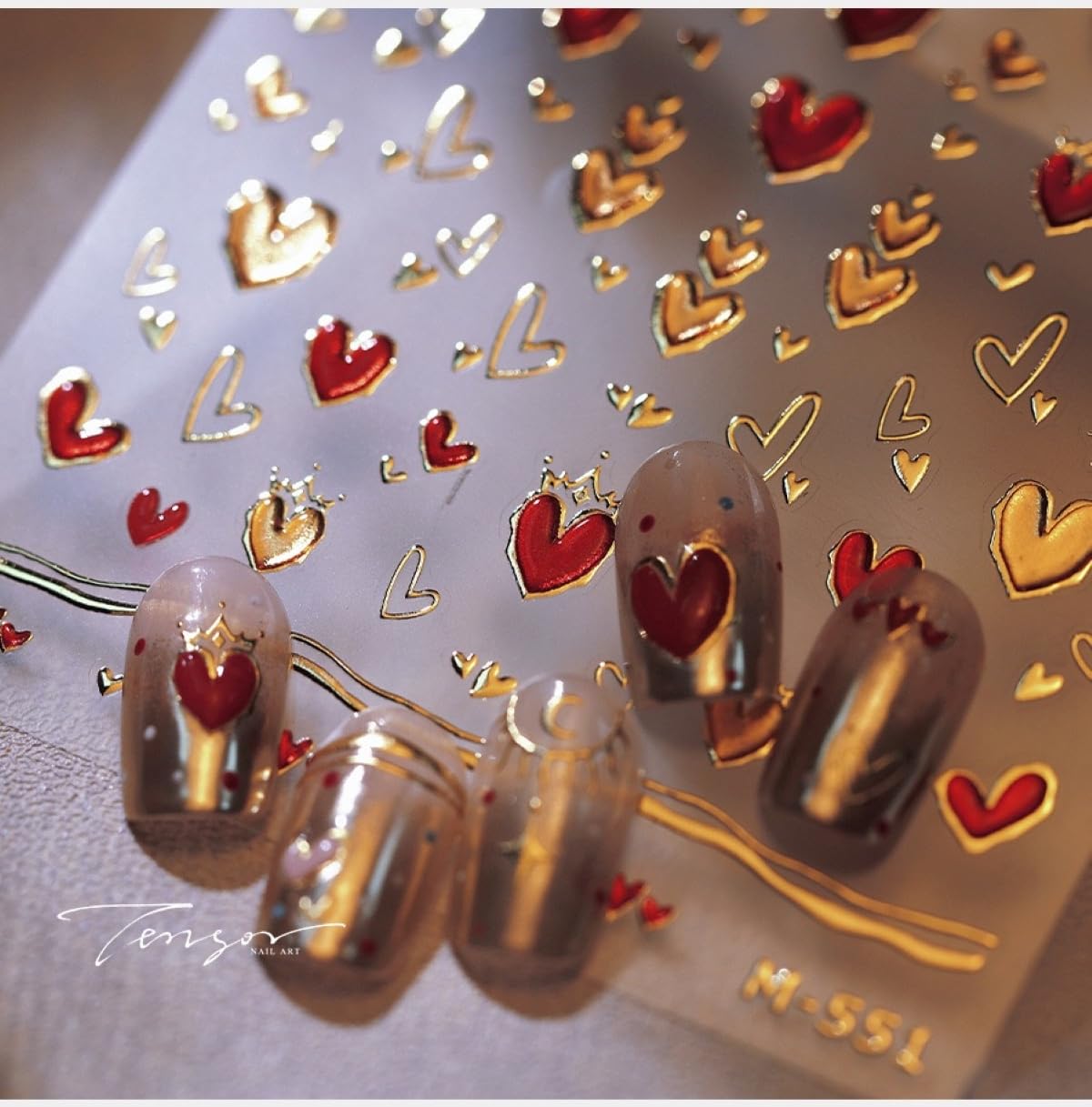 5D Embossed Spring Heart Nail Stickers - Red and Gold Self-Adhesive Love Decals for Valentine's Day - DIY Manicure Nail Art Supplies for Women and Girls