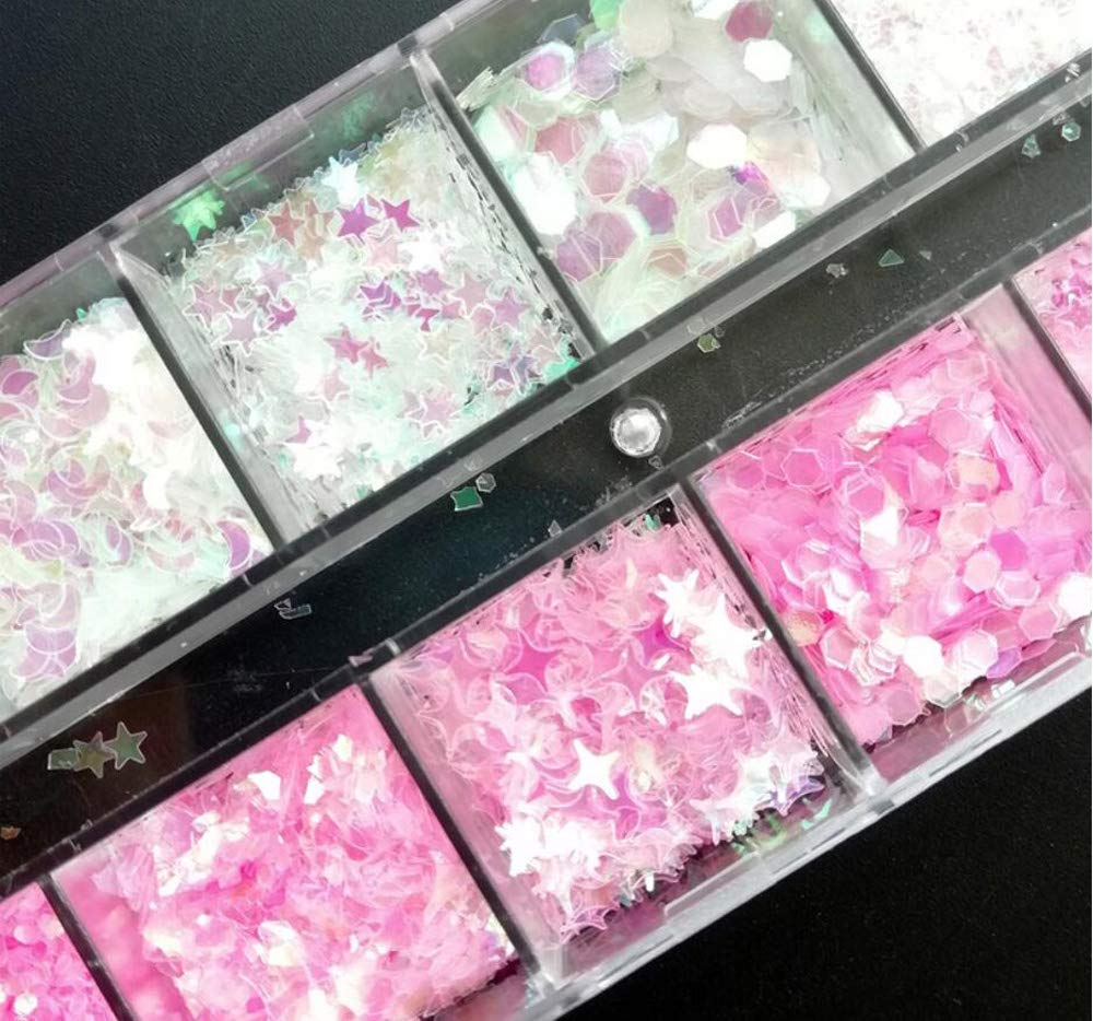 AddFavor 4 Boxes Holographic Nail Sequins Mixed Shapes Iridescent Glitter Flakes Hearts Star Moon DIY Design Manicure Nail Art Decorations Sets for Nail Art/Craft/Makeup