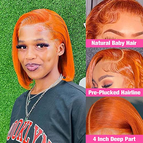 HIRIREMY Ginger Bob Lace Front Wigs Human Hair for Black Women 13x4 HD Lace Frontal Straight Bob Orange Ginger Wig Lace Front Human Hair Pre Plucked Hairline with Baby Hair Brazilian #350 12 Inch