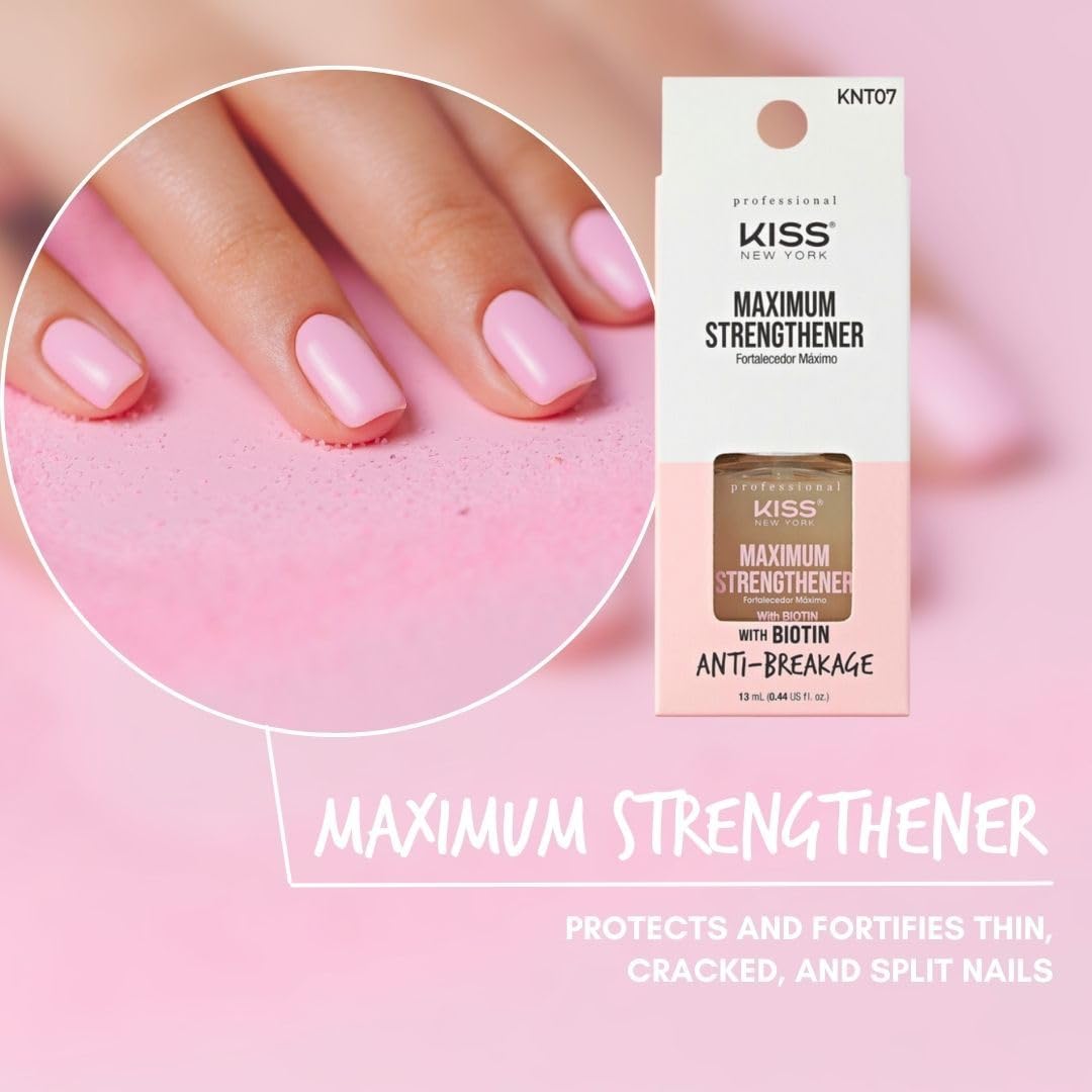 Kiss New York Nail Strengthening Treatment, Maximum Strengthener for Thin, Cracked, Split Nails, Infused with Biotin and Keratin, Made in Korea