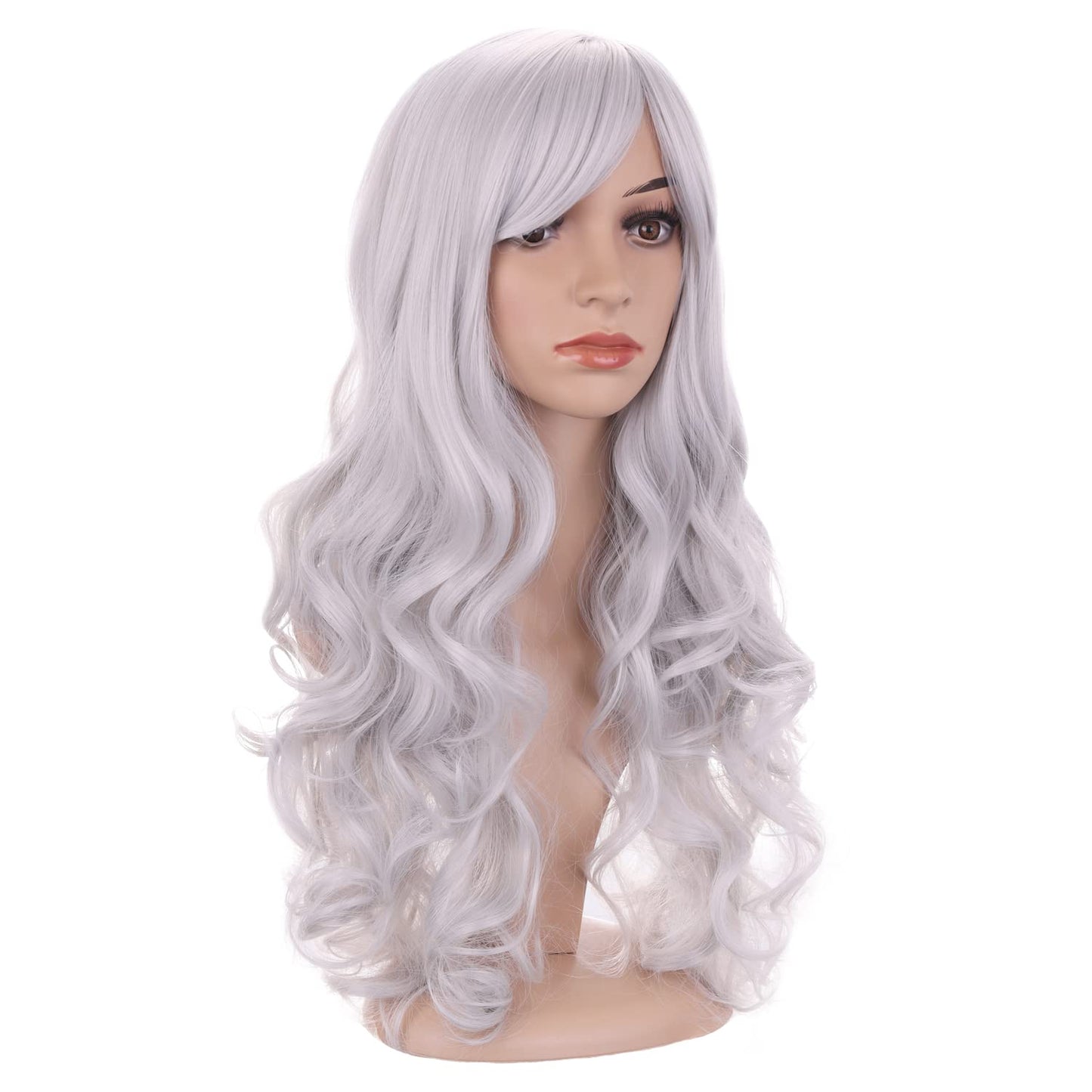 BERON Silver White Wig Long Wavy Wig Colorful Wig with Bangs for Women Silver Wig Long Curly Wig Silver White Wig Synthetic Wig with Wig Cap