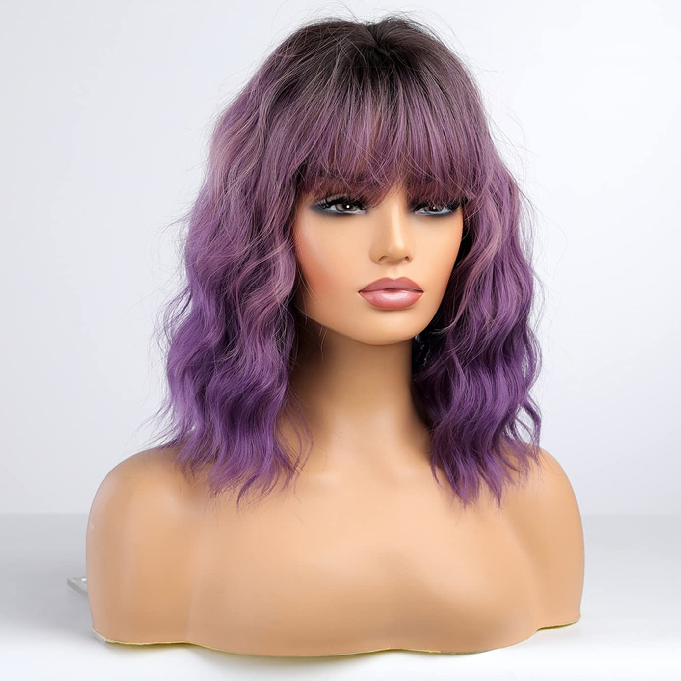 BERON Ombre Purple Short Wigs Curly Bob Wig with Bangs Ombre Color Wavy Hair Wigs Women's Synthetic Wigs Daily Party Use