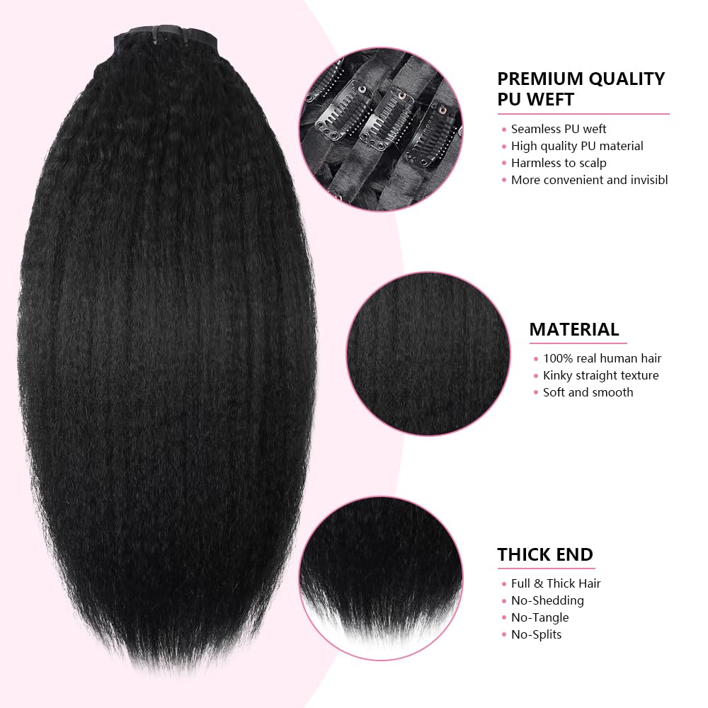 Seamless Clip In Hair Extensions Human Hair Invisible Pu Skin Weft Kinky Straight Seamless Clip Ins For Black Women Real Human Hair Extensions 8pcs With 18clips Per Set 120g (20inch,Natural Black)