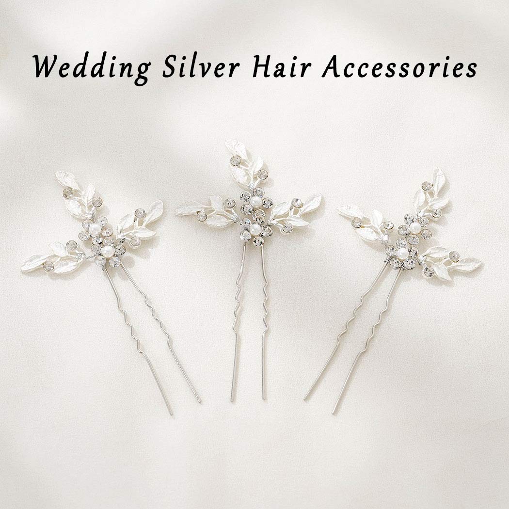 Heread Leaf Bride Wedding Hair Pins Crystal Bridal Head Dress Pearl Hair Accessories for Women and Girls (Pack of 3) (B Silver)