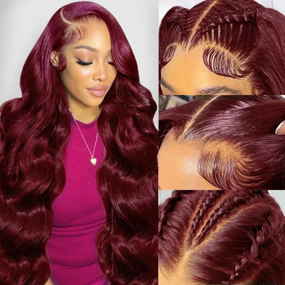 22 Inch 99j Burgundy 13x6 Body Wave Lace Front Wigs Human Hair 200% Density Glueless HD Transparent Lace Frontal Wigs Human Hair Pre Plucked With Baby Hair Burgundy Wine Red Human Hair Wigs For Women