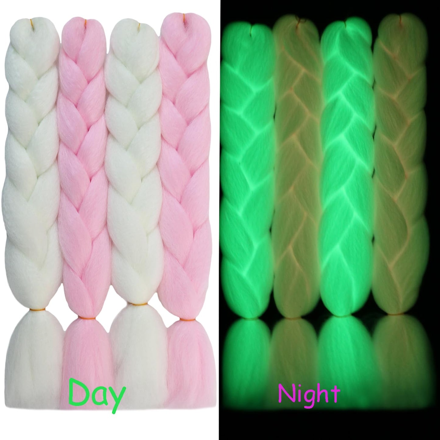 24inch Colored Jumbo Braiding Hair Extensions 4Pack Colorful Synthetic Glow in the Dark(White/Pink)