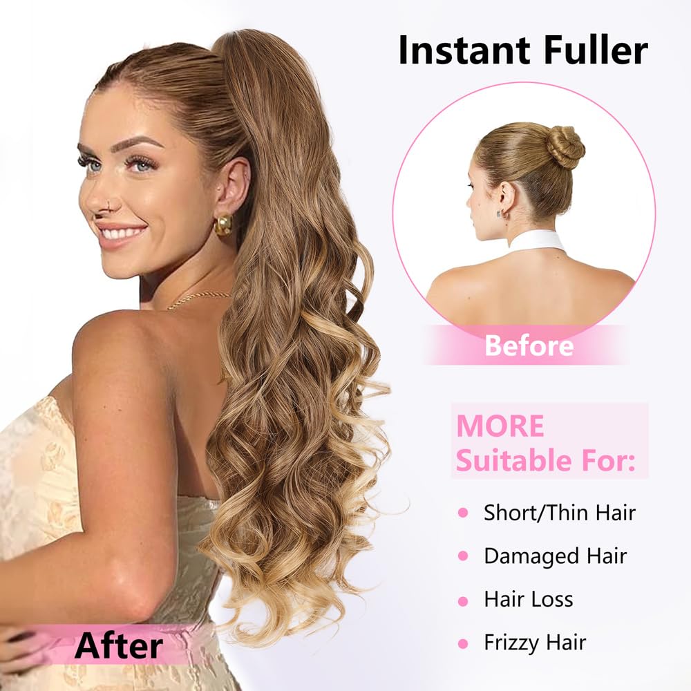 ALXNAN Ponytail Extension,24 Inch Claw Ponytail Hair Extensions for Women,Claw Clip in Long Wavy Synthetic Dark Ash Blonde with Golden Ends Ponytail Extension for Daily Use.
