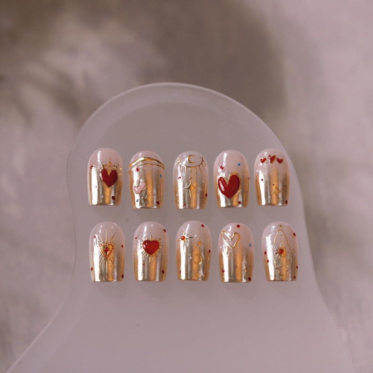 5D Embossed Spring Heart Nail Stickers - Red and Gold Self-Adhesive Love Decals for Valentine's Day - DIY Manicure Nail Art Supplies for Women and Girls