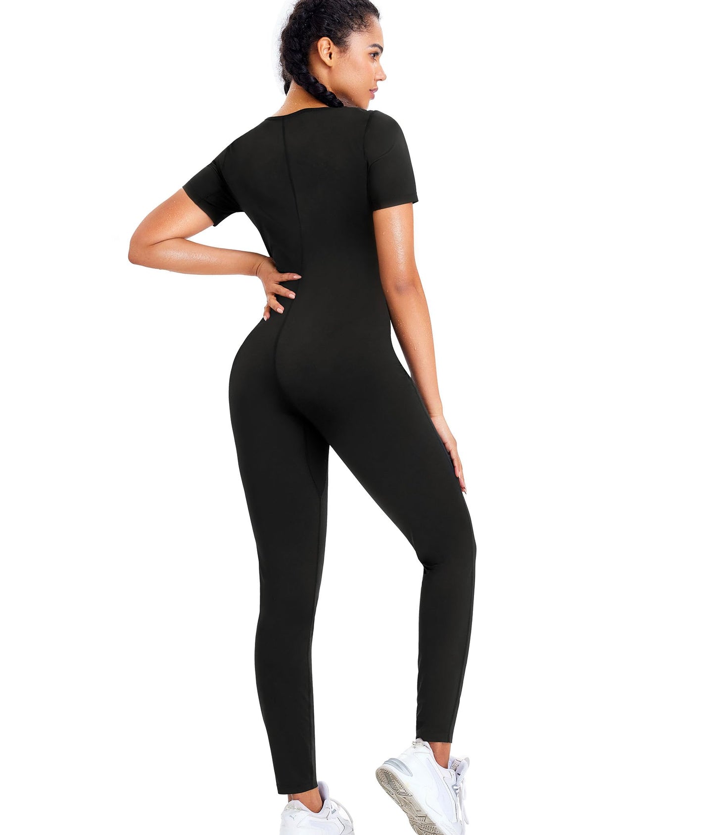 Junlan Sauna Suit for Women Full Body Compression Suit Sweat Jumpsuit Waist Trainer for Working Out(Short-sleeved Black,Small)